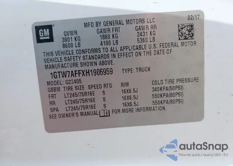 2017 GMC Savana 2500 Work Van z USA, uszkodzony, nr VIN 1GTW7AFFXH1906959